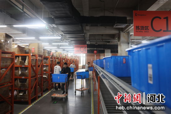 图为一家童装电商企业，工作人员在拣货区分拣产品。 胡盼玲 摄